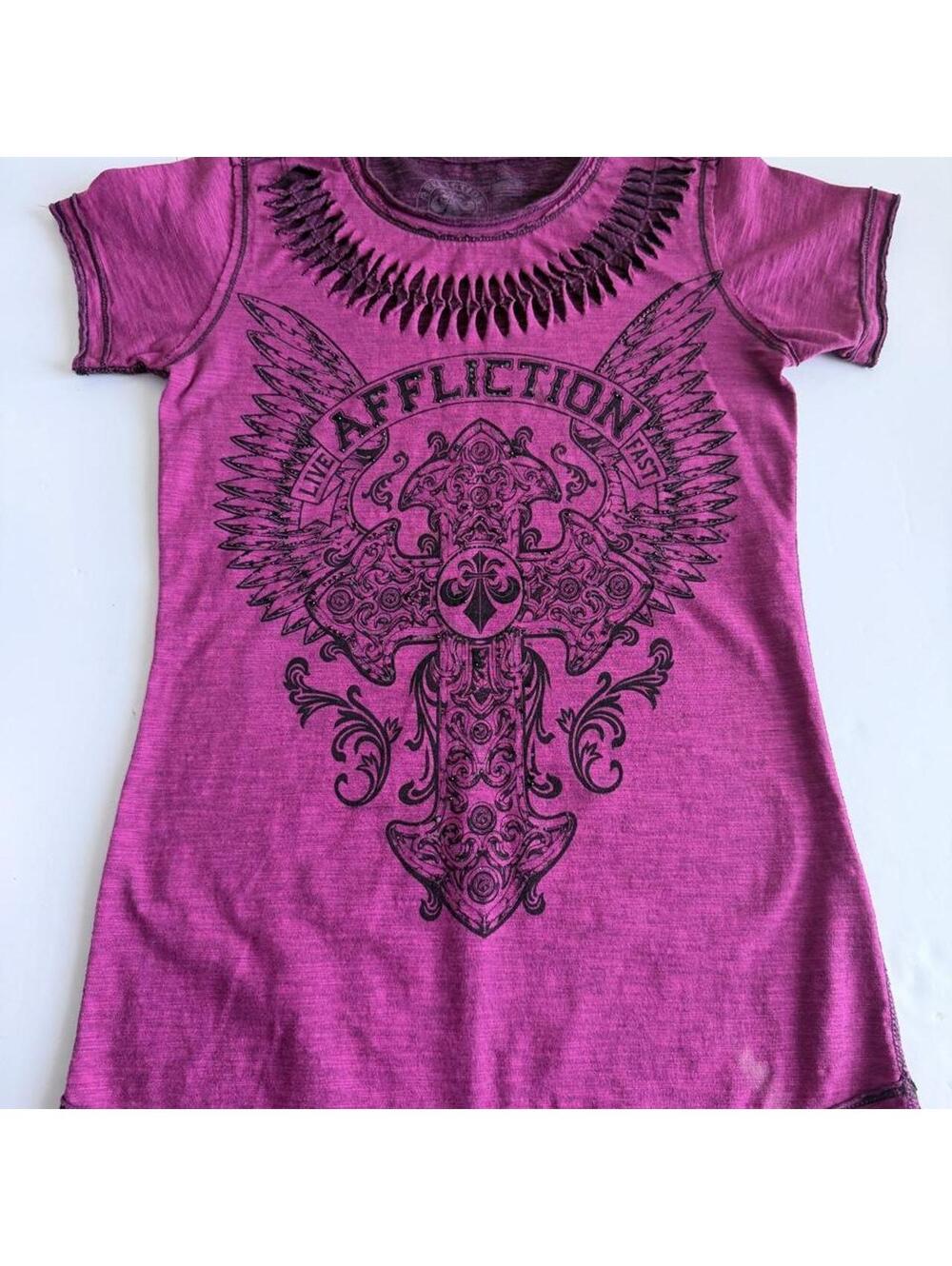 Affliction Live Fast Winged Cross Rhinestone Slashed Neck T-Shirt Purple Medium